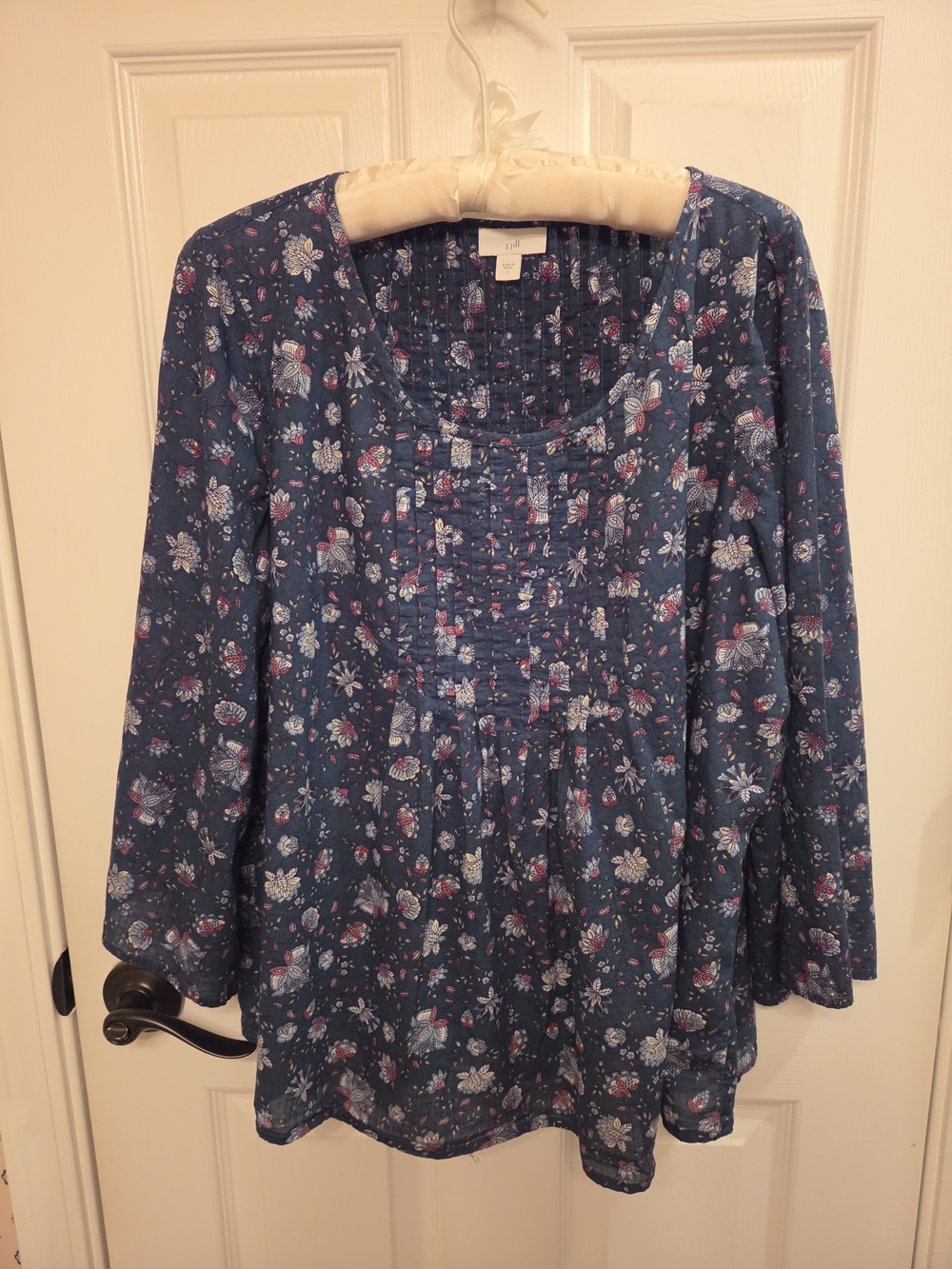 J. Jill Teal Floral Pintuck Long-Sleeve Peasant Blouse